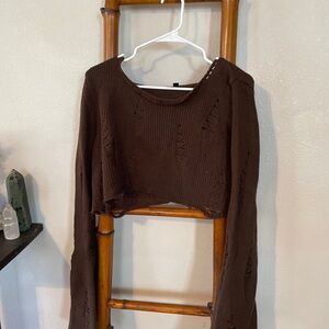 Brown Distressed Knit Cropped Sweater